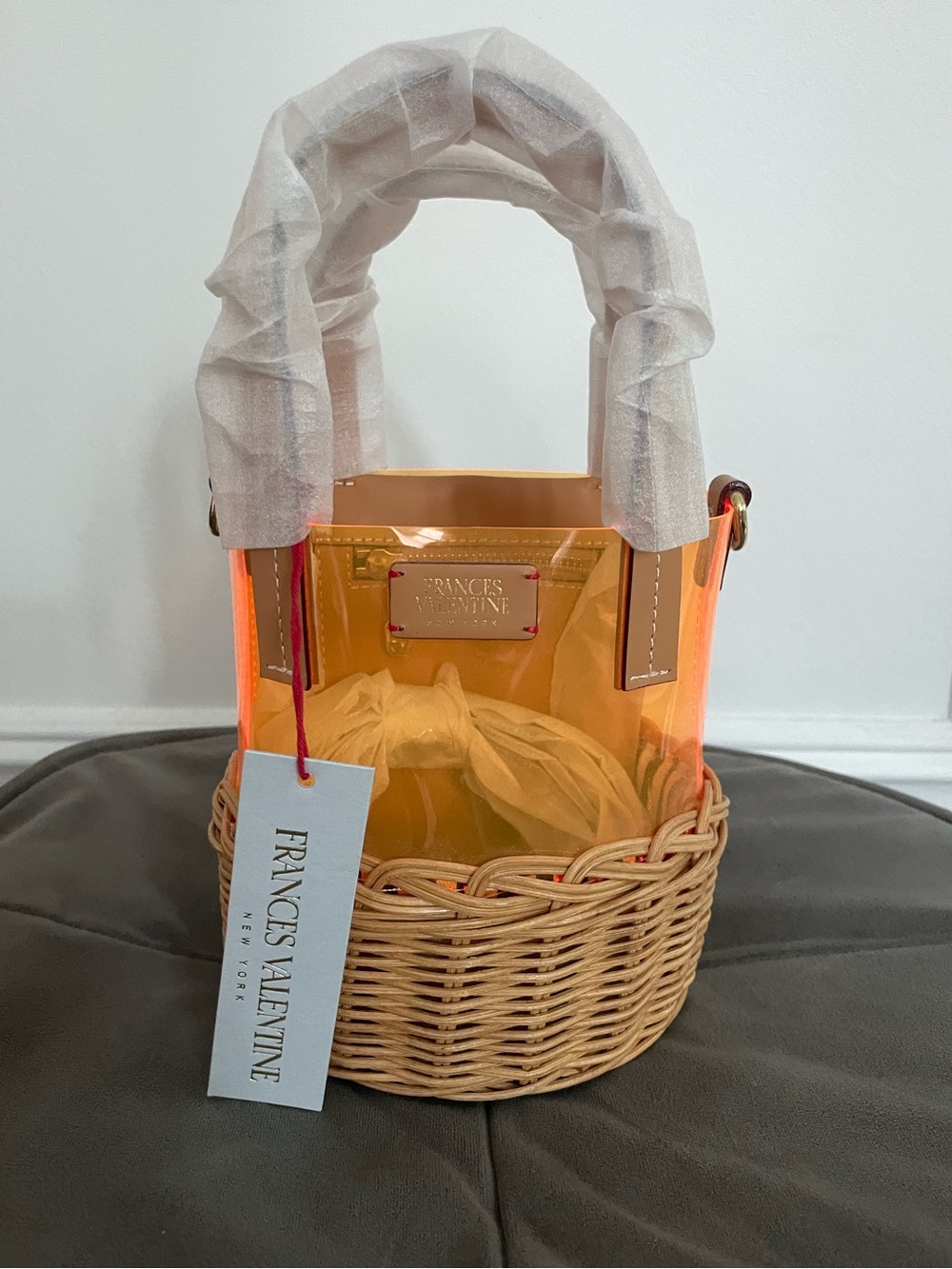 NWT Frances Valentine Wicker & Transparent Orange/Amber PVC Mini Tote Basket Bag
